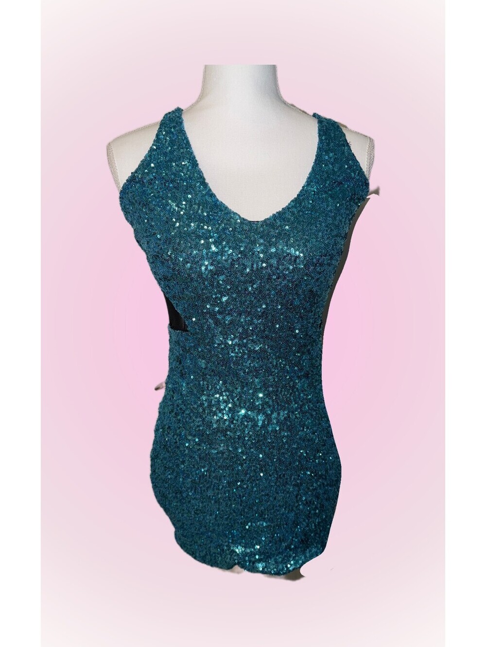 Womens Size Small Blue Sparkly Sequin & Black Mesh Short Party Dress